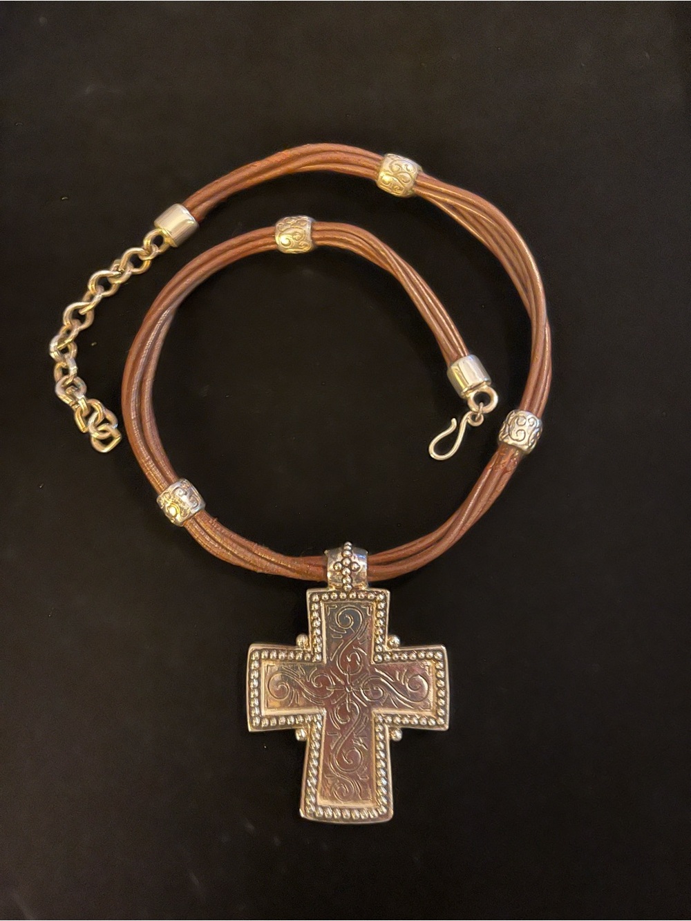 Premier Designs Brown Leather Silver Cross Pendant Necklace